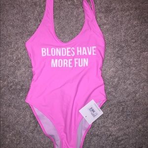 Pink “Blondes have more fun” one piece swimsuit